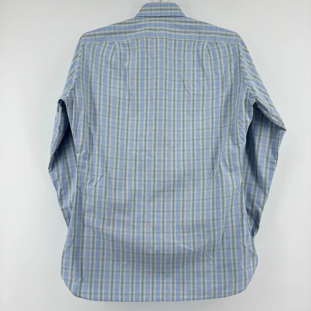 Turnbull Asser Bespoke Mens Blue Green‎ Plaid Dress Shirt Neck 15